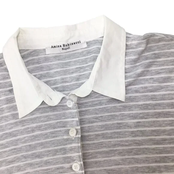 Amina Rubinacci Italy Polo Long Sleeve Gray White Stripe Cotton Size 48 or US 12 - Picture 8 of 10